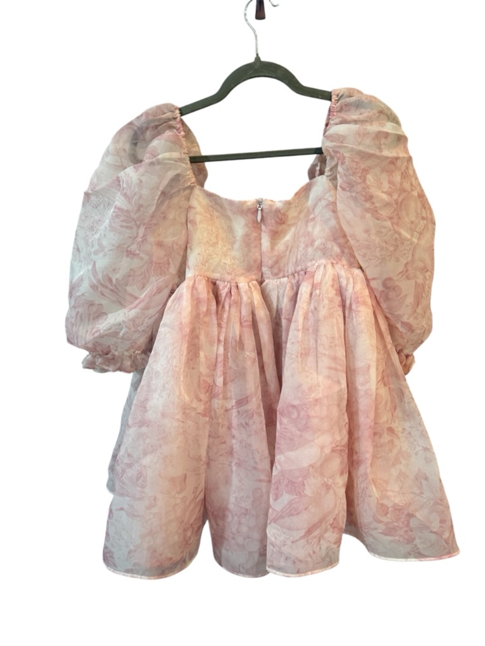 Selkie Puff Sleeve Pink White Floral Organza Babydoll Fairy Mini Dress M - Picture 6 of 9